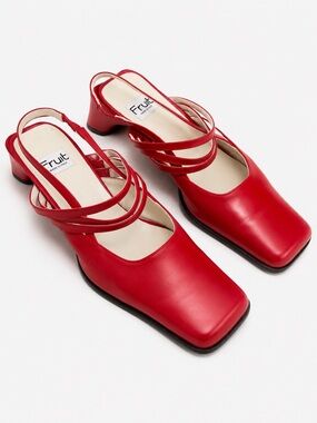 Fruit Vintage Red Leather Sculptural Square-Toe Block Heel Slingback Shoes Sz.41
